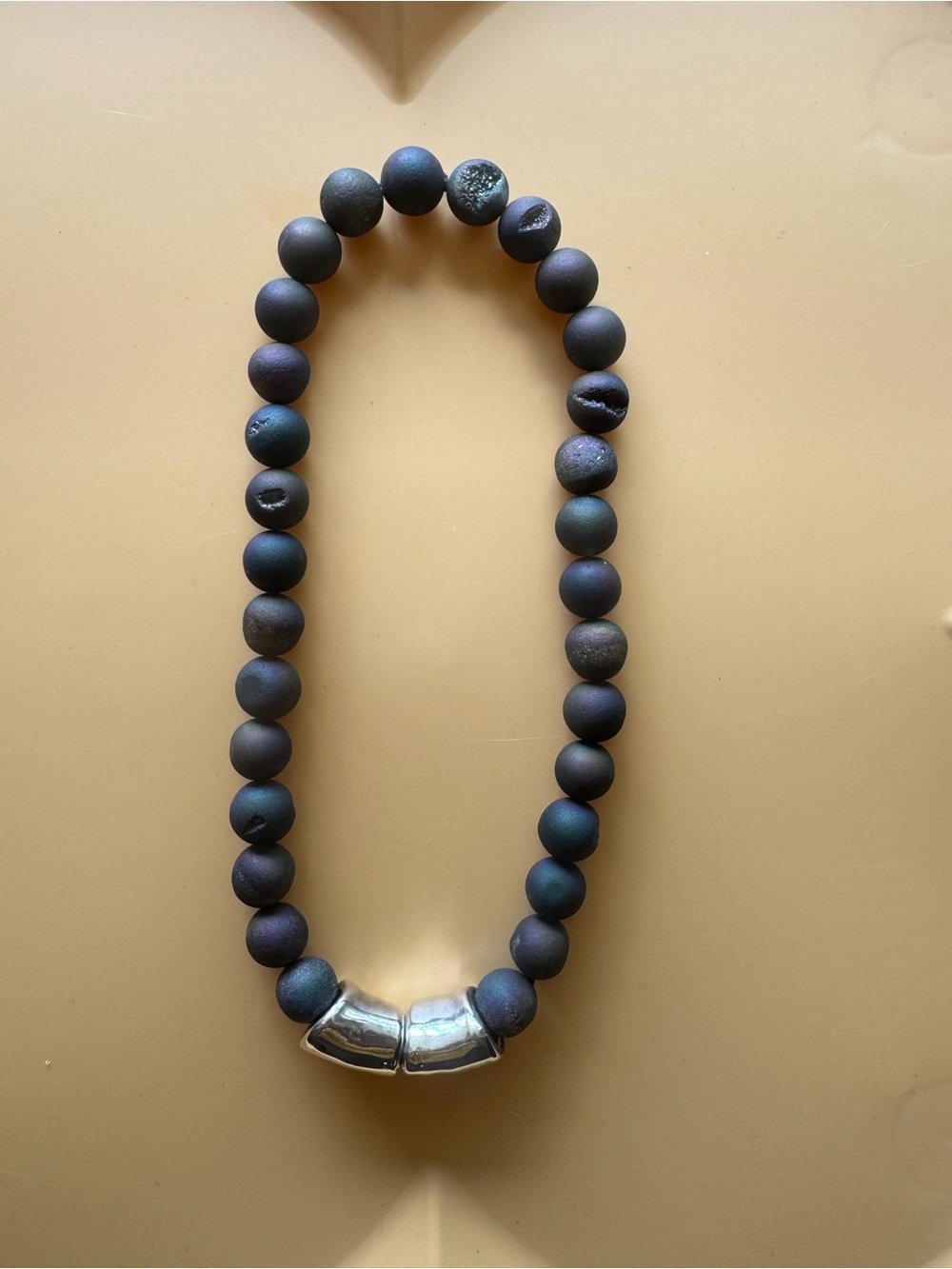 Matte Dark Rock Geode Beaded Necklace with Sterling Silver Clasp